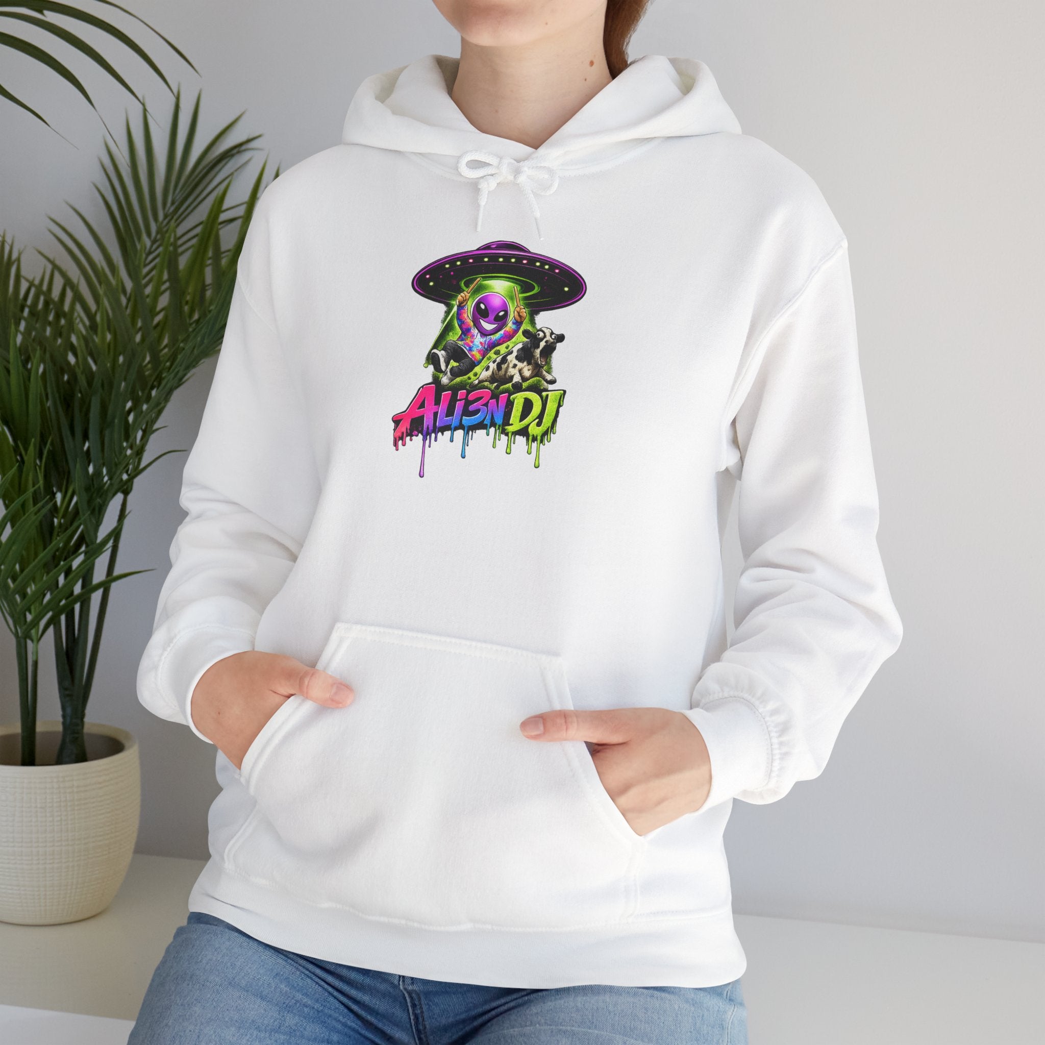 Alien DJ Hoodie — Neon Skull Graphic Pullover for Music Lovers