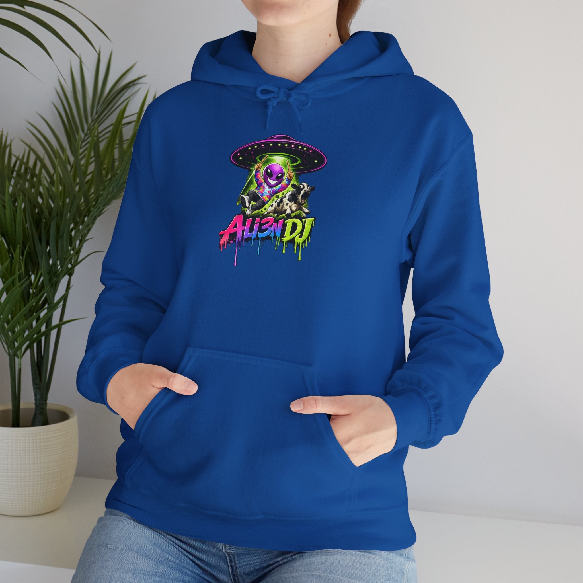 Alien DJ Hoodie — Neon Skull Graphic Pullover for Music Lovers
