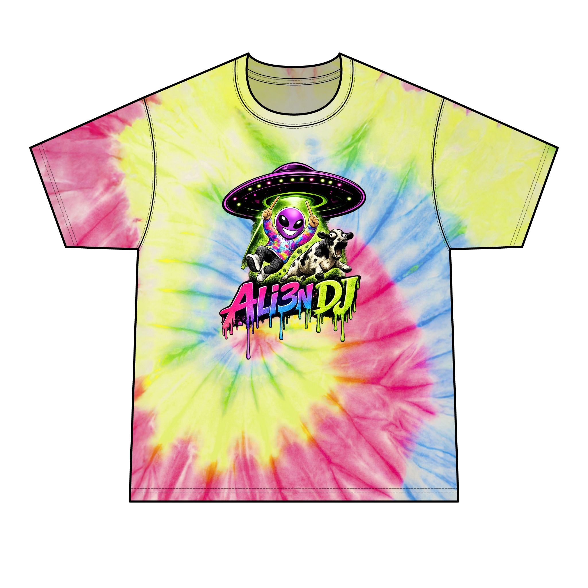 Alien DJ Tie-Dye Tee — Neon UFO Graphic Men’s T-Shirt