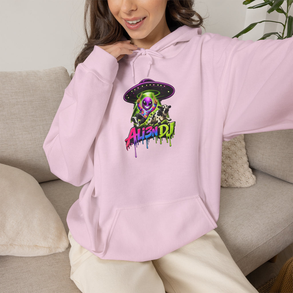 Alien DJ Hoodie — Neon Skull Graphic Pullover for Music Lovers