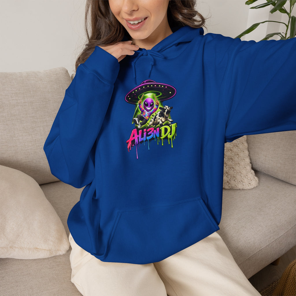 Alien DJ Hoodie — Neon Skull Graphic Pullover for Music Lovers