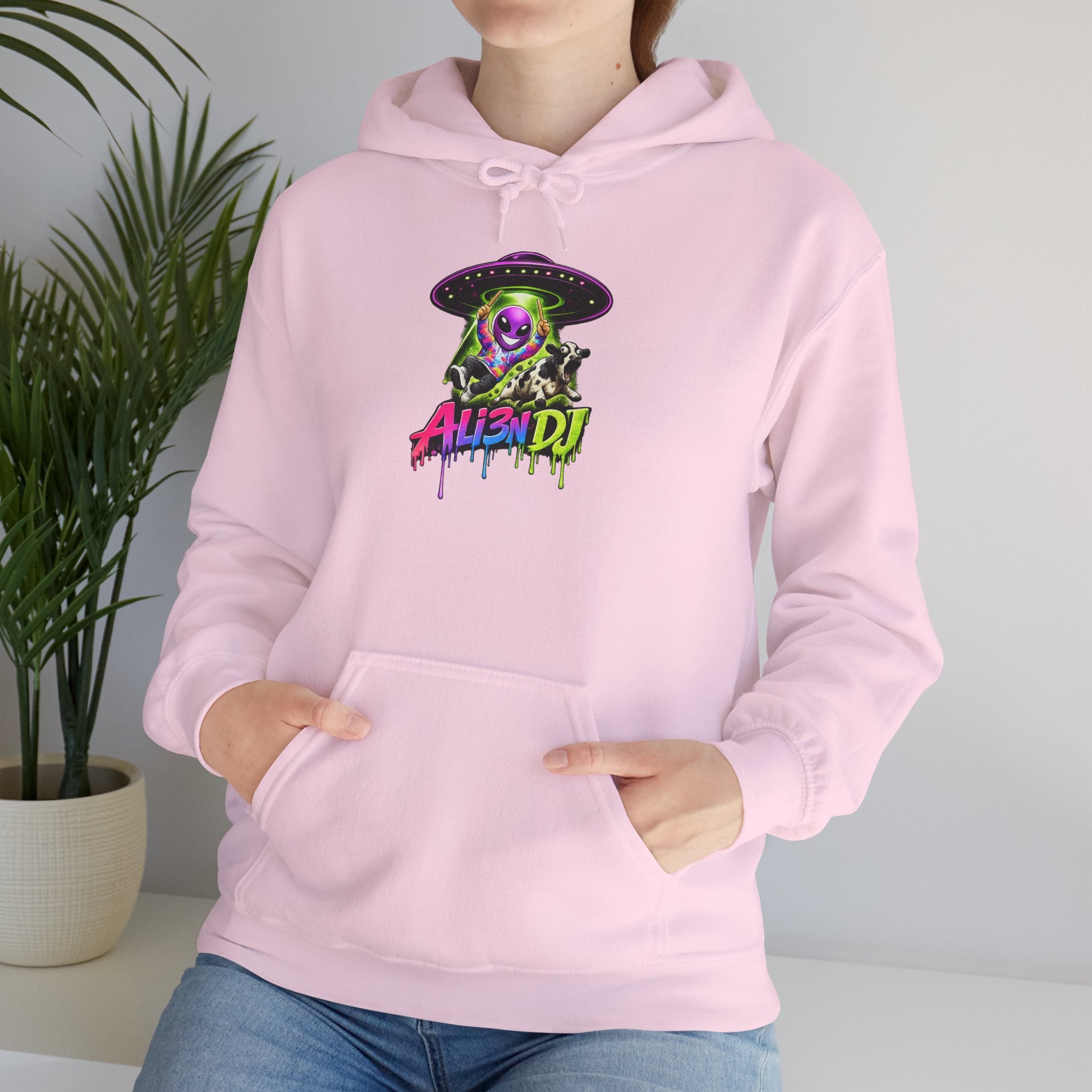 Alien DJ Hoodie — Neon Skull Graphic Pullover for Music Lovers
