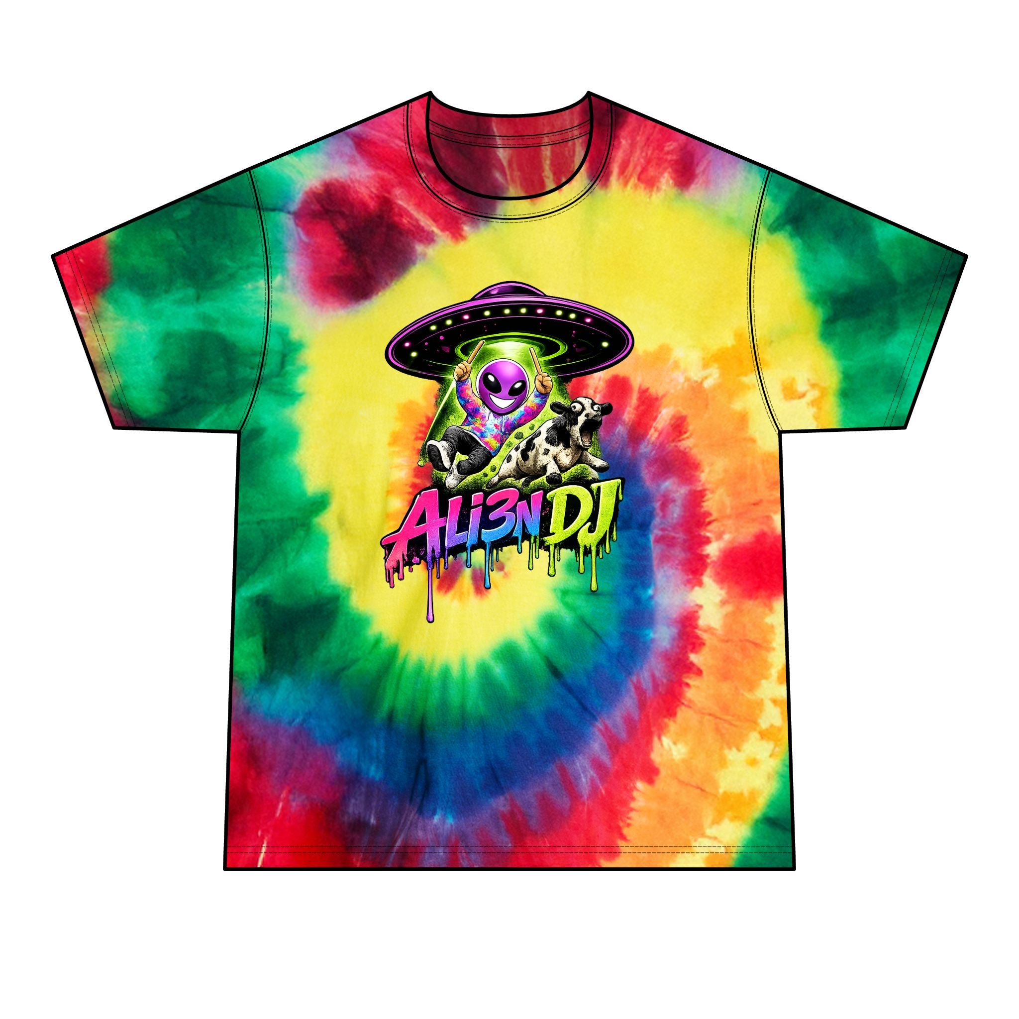 Alien DJ Tie-Dye Tee — Neon UFO Graphic Men’s T-Shirt