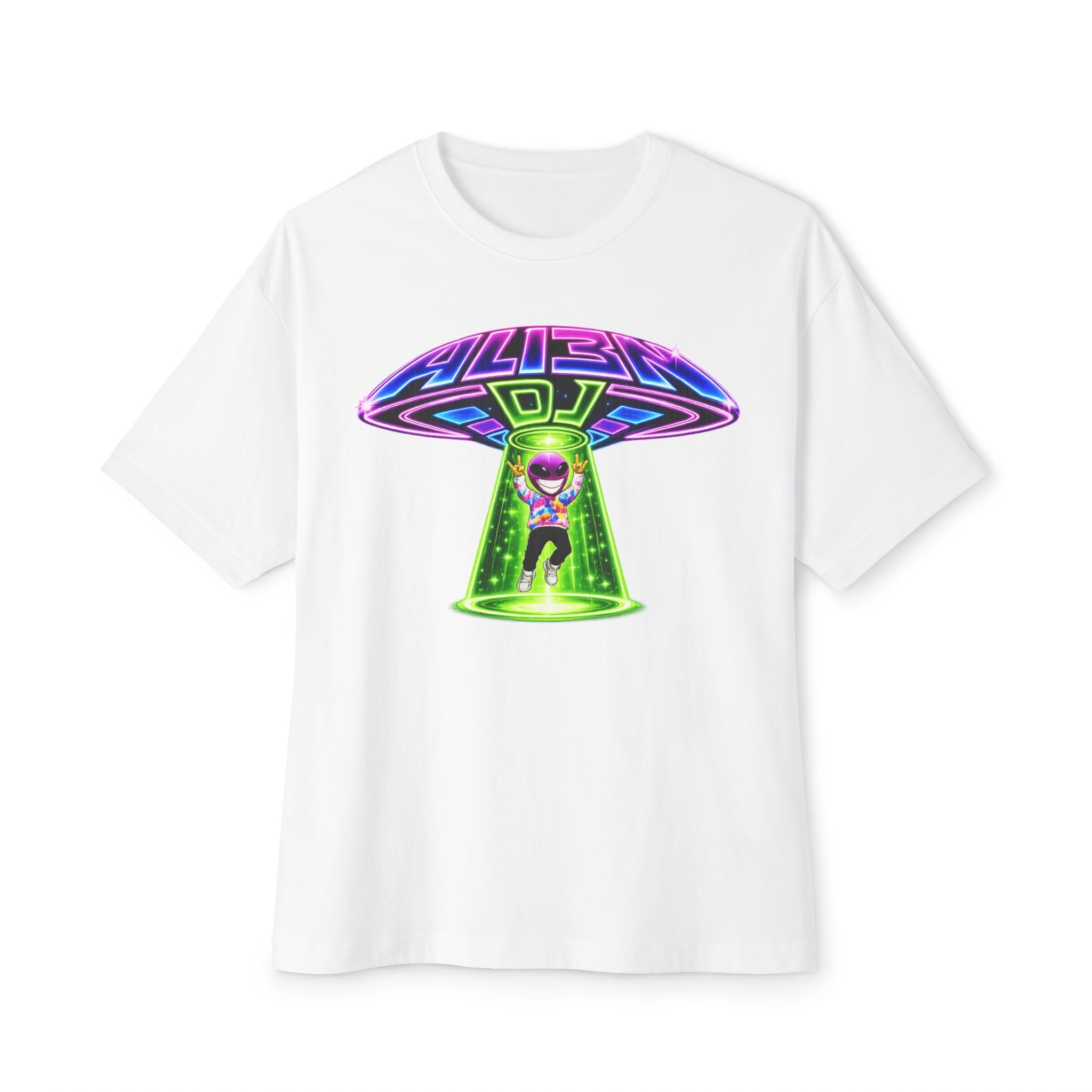 ALI3N DJ Oversized T‑Shirt — Neon UFO Music Graphic Tee