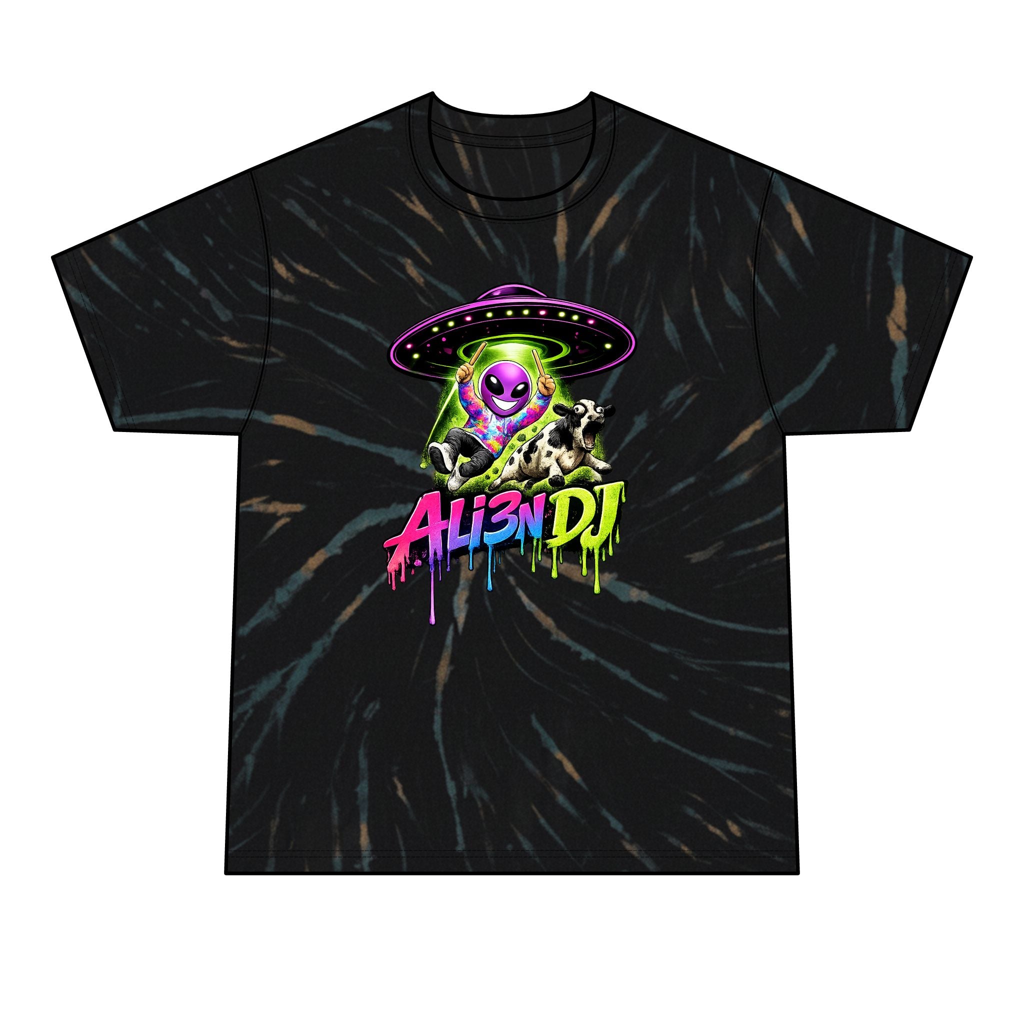 Alien DJ Tie-Dye Tee — Neon UFO Graphic Men’s T-Shirt