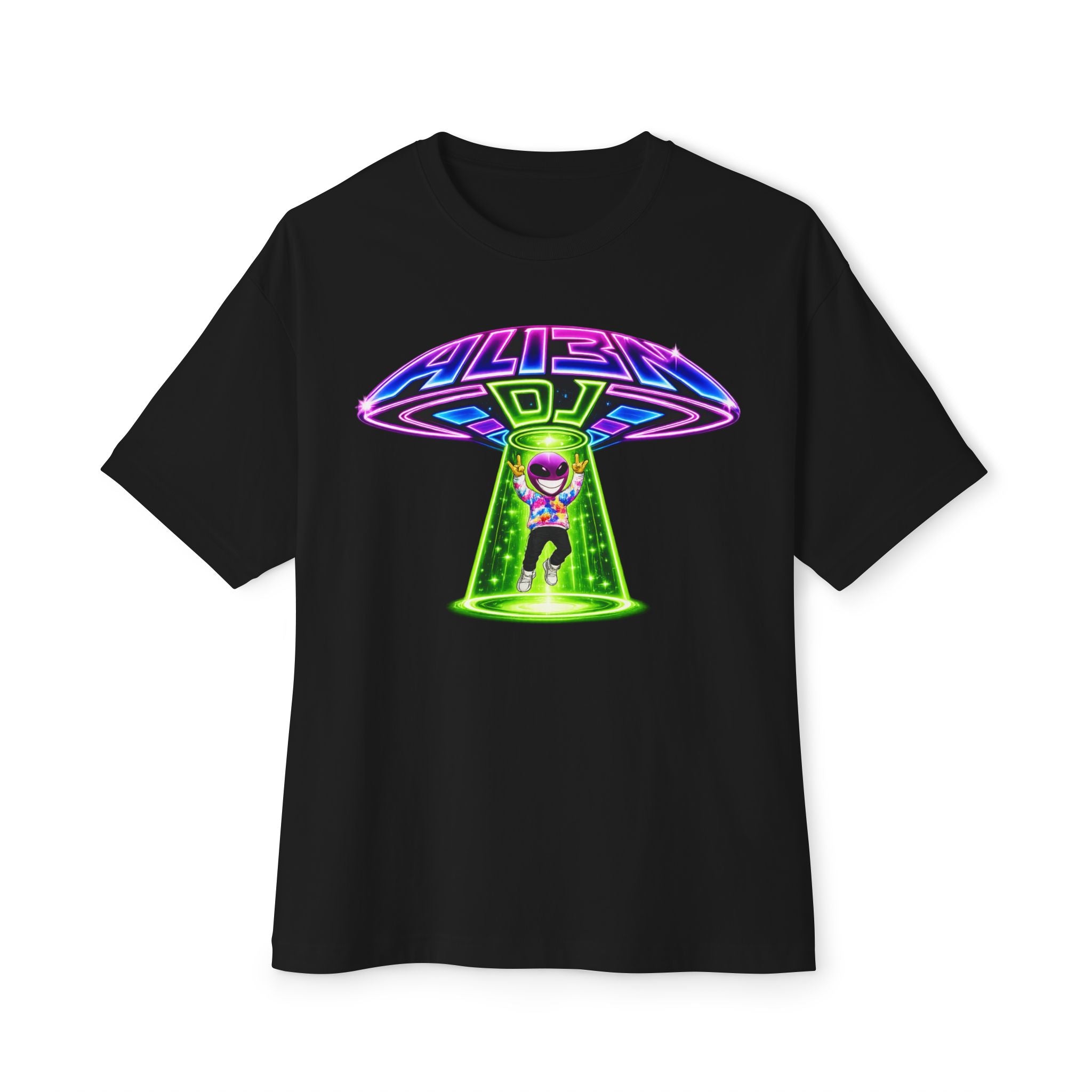 ALI3N DJ Oversized T‑Shirt — Neon UFO Music Graphic Tee