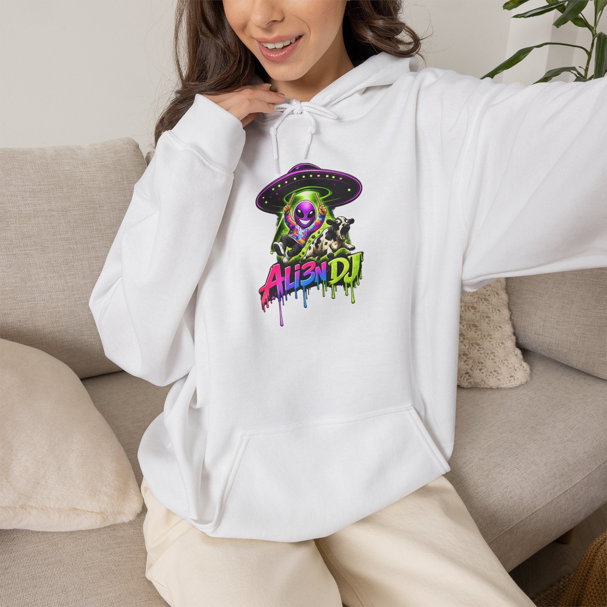 Alien DJ Hoodie — Neon Skull Graphic Pullover for Music Lovers