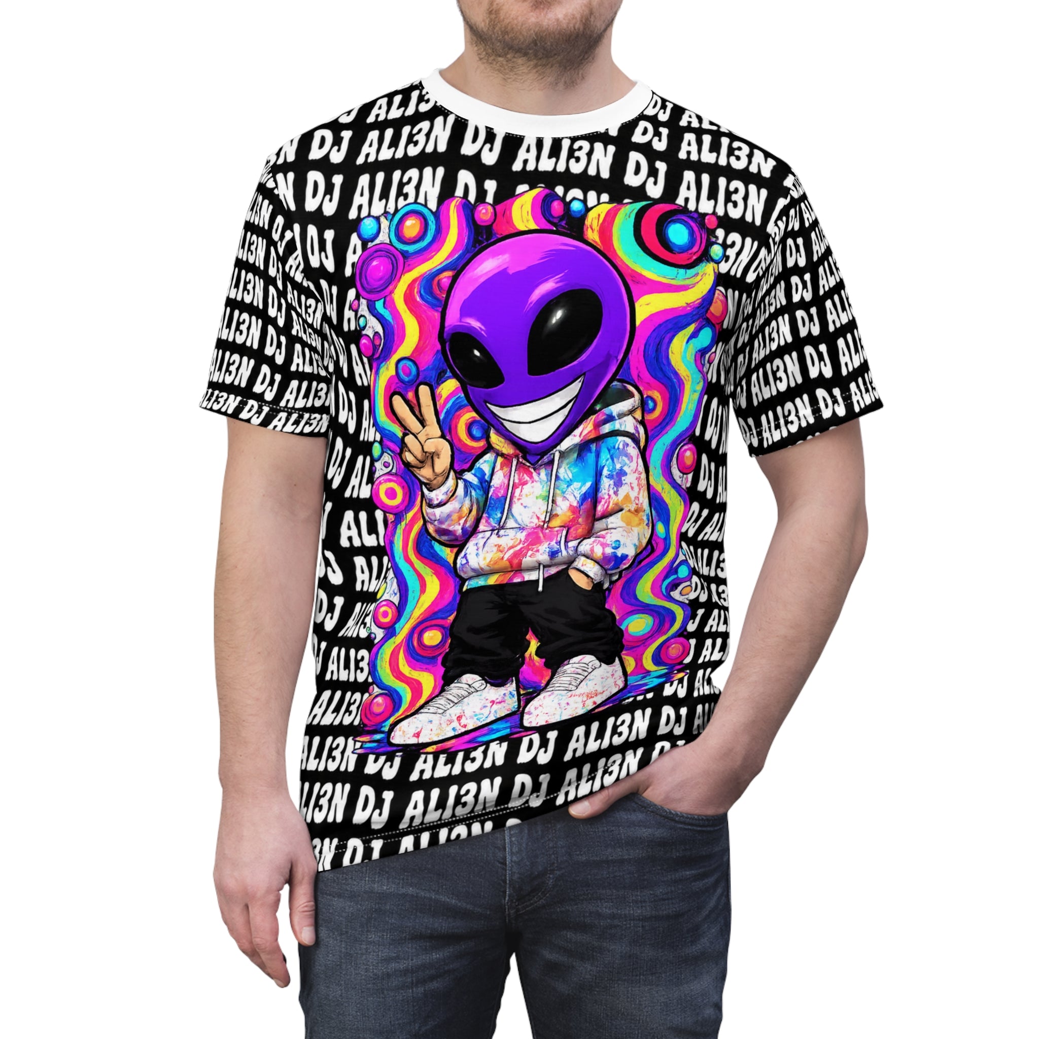 Alien DJ Graphic Tee — Colorful Psychedelic Alien Hoodie Design All-Over Print