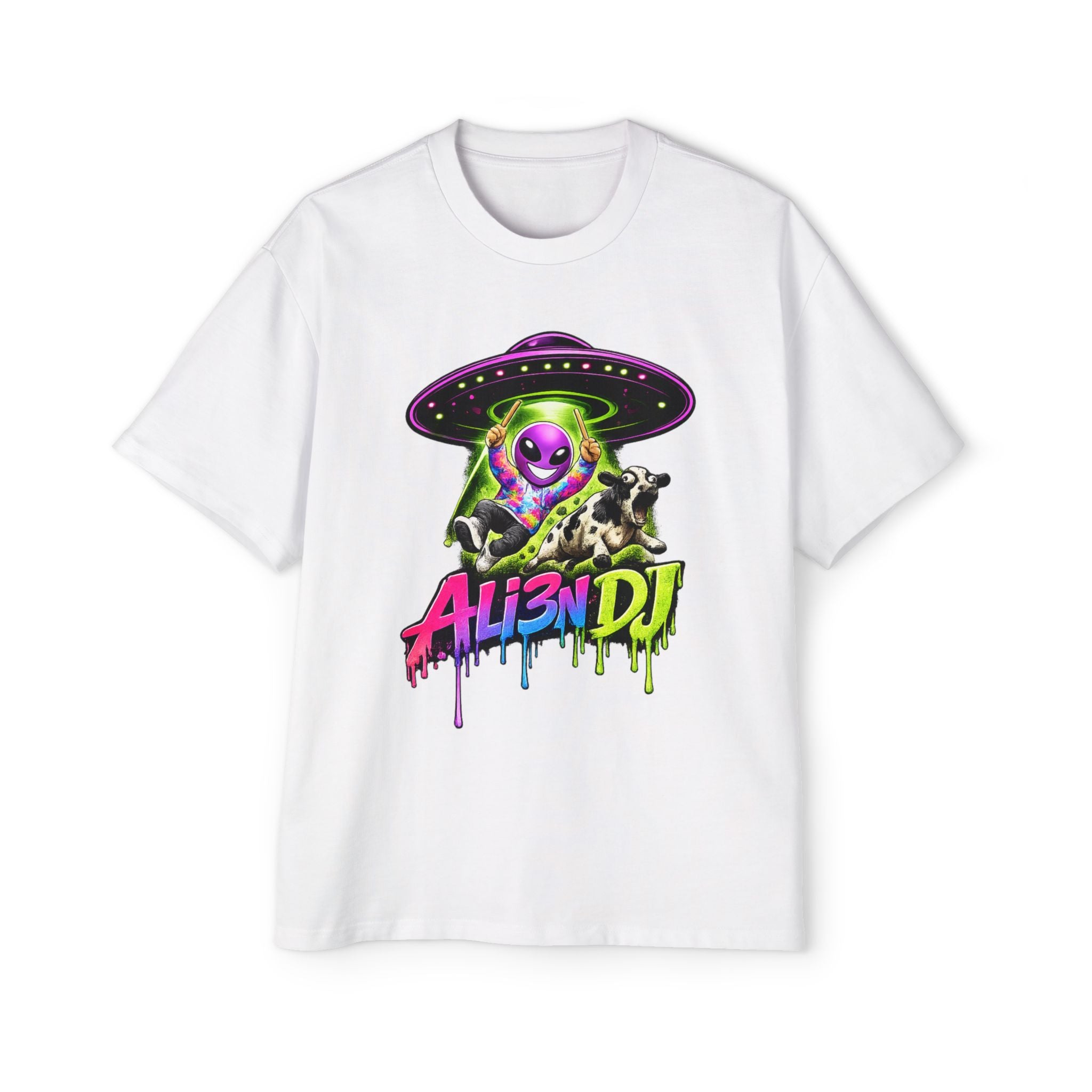 Alien DJ T‑Shirt — Neon UFO Abduction Oversized Tee for Rave, Festival & Streetwear