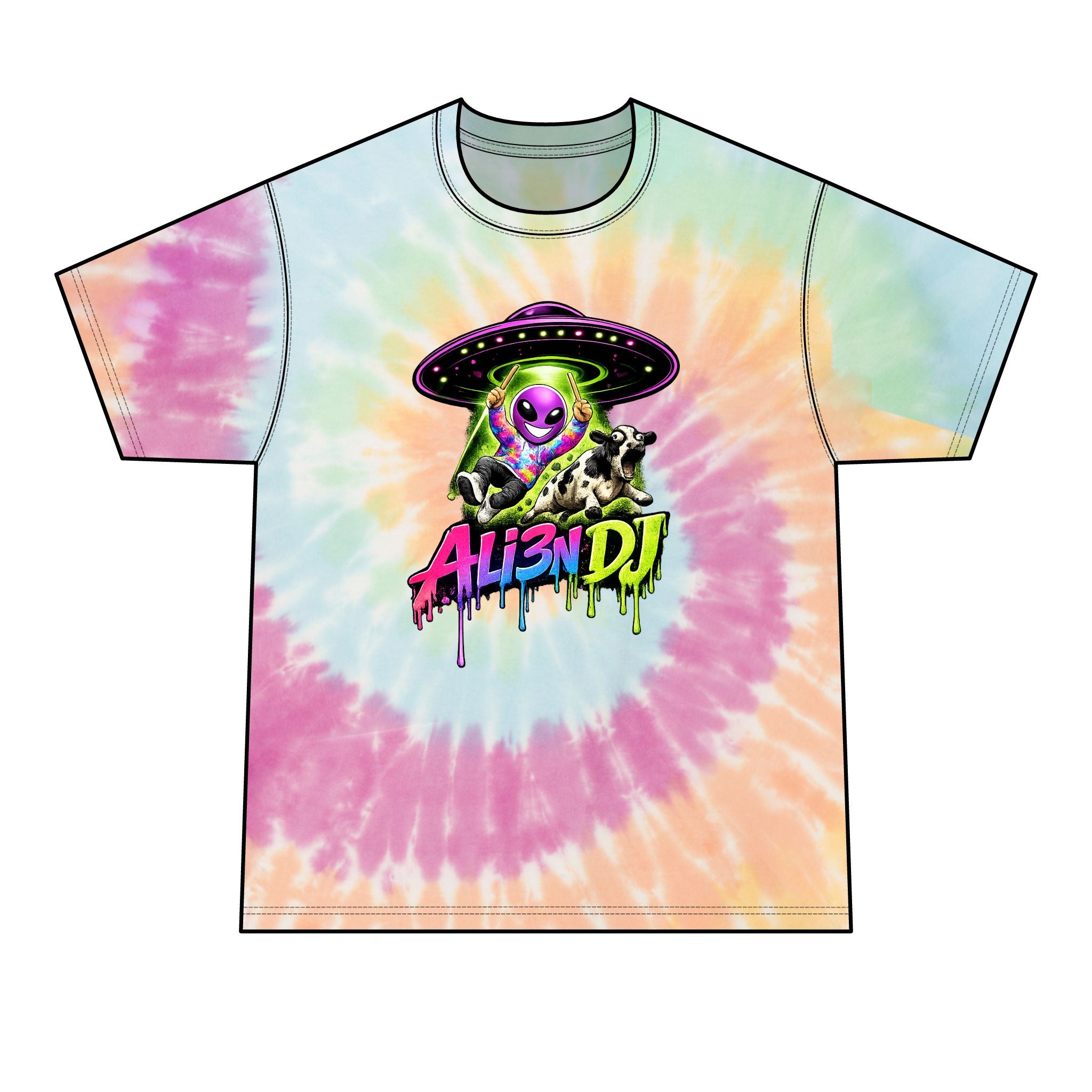Alien DJ Tie-Dye Tee — Neon UFO Graphic Men’s T-Shirt
