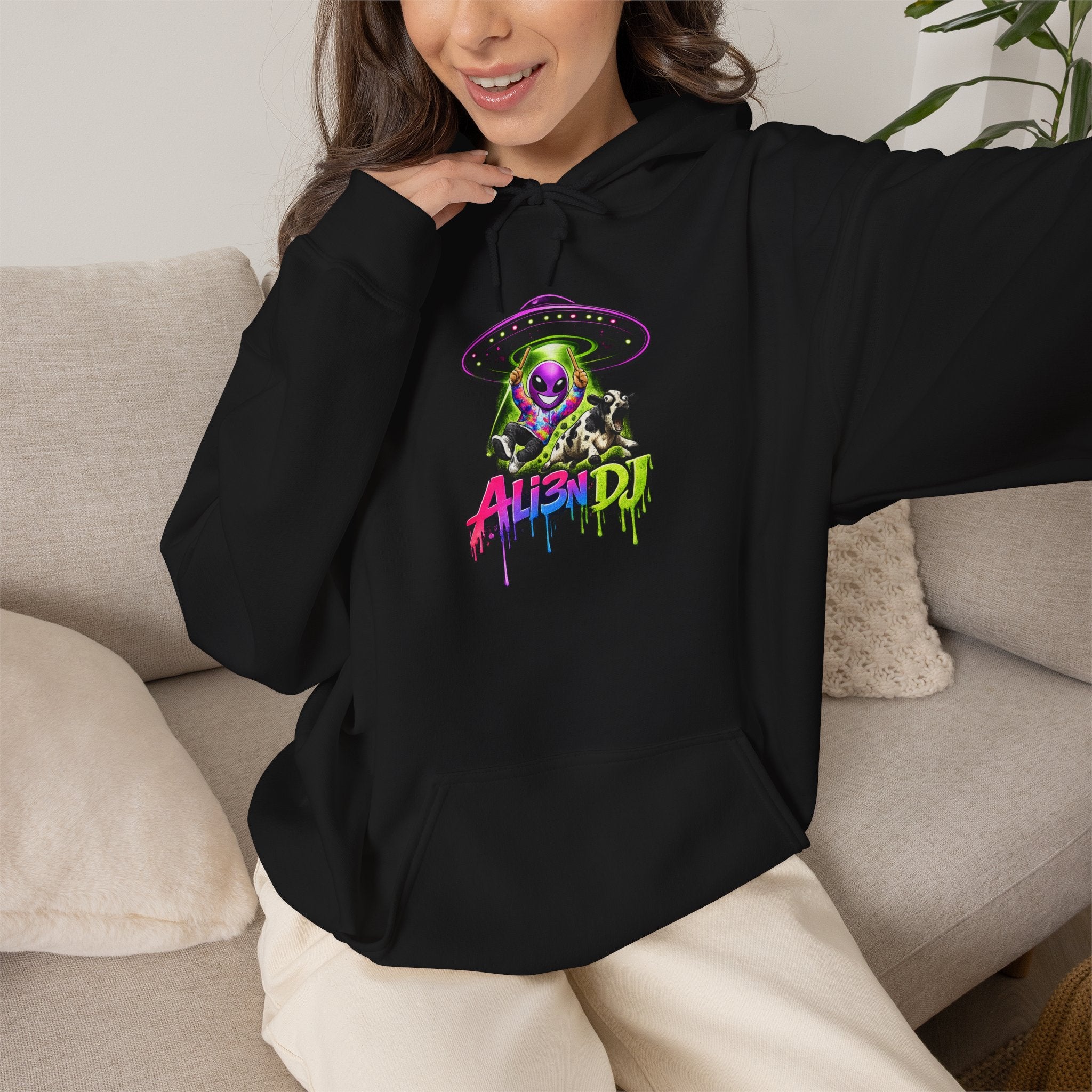 Alien DJ Hoodie — Neon Skull Graphic Pullover for Music Lovers