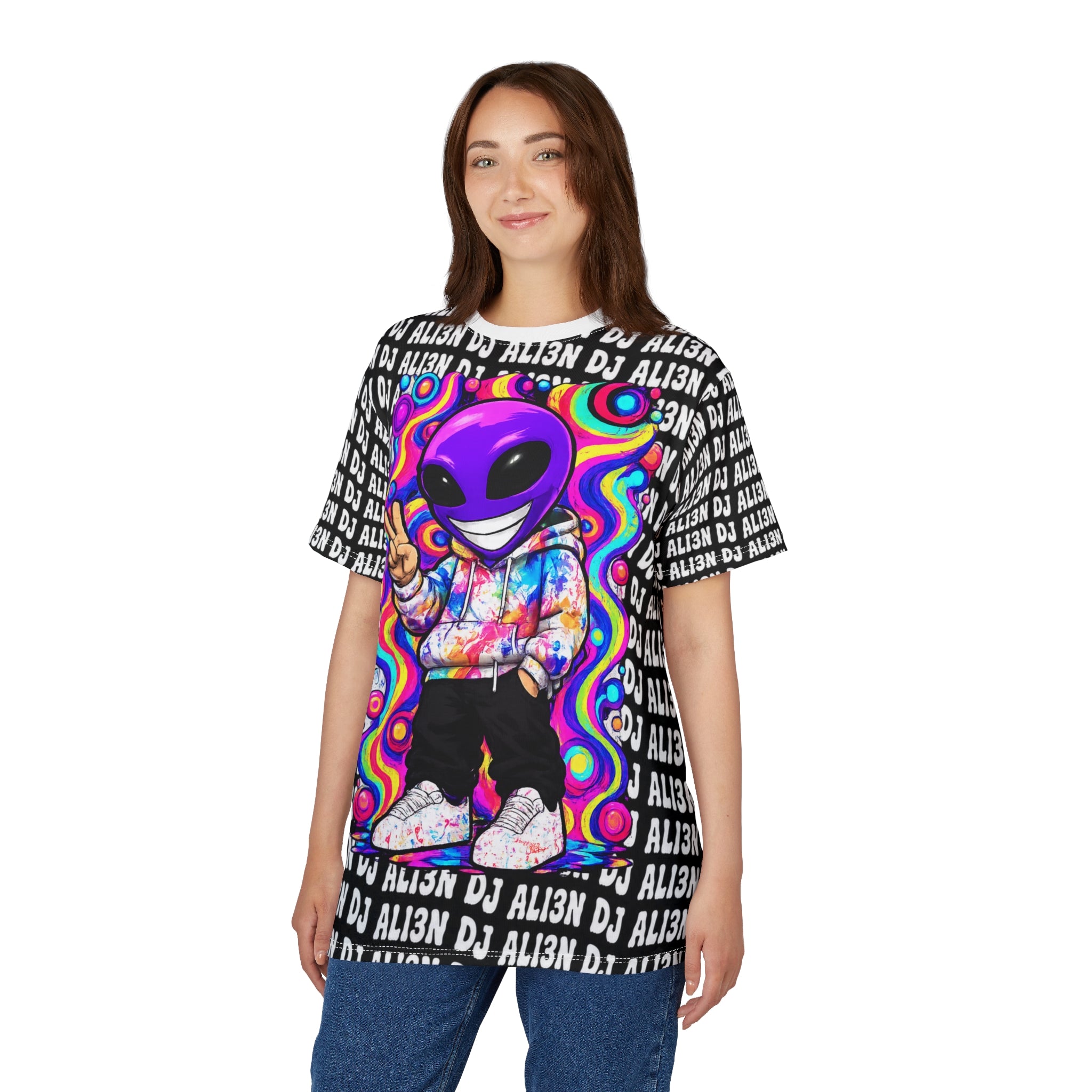 Alien DJ Graphic Tee — Colorful Psychedelic Alien Hoodie Design All-Over Print